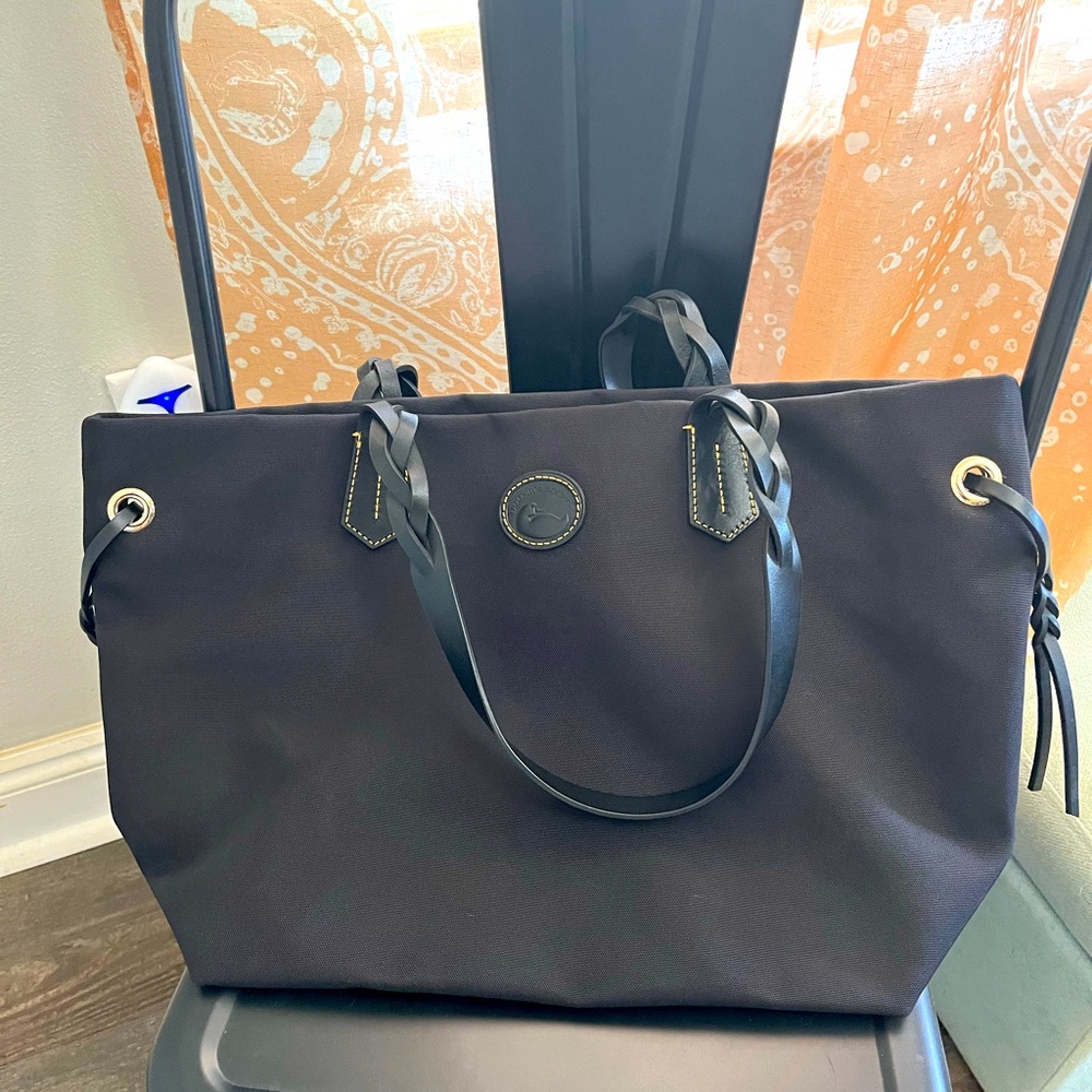 Dooney and Burke Black Nylon large tote with red interior, EUC